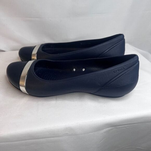 CROCS Navy Blue Silver Mirror Cap Toe Slip On Ballet Flat Size W8 - Picture 7 of 11